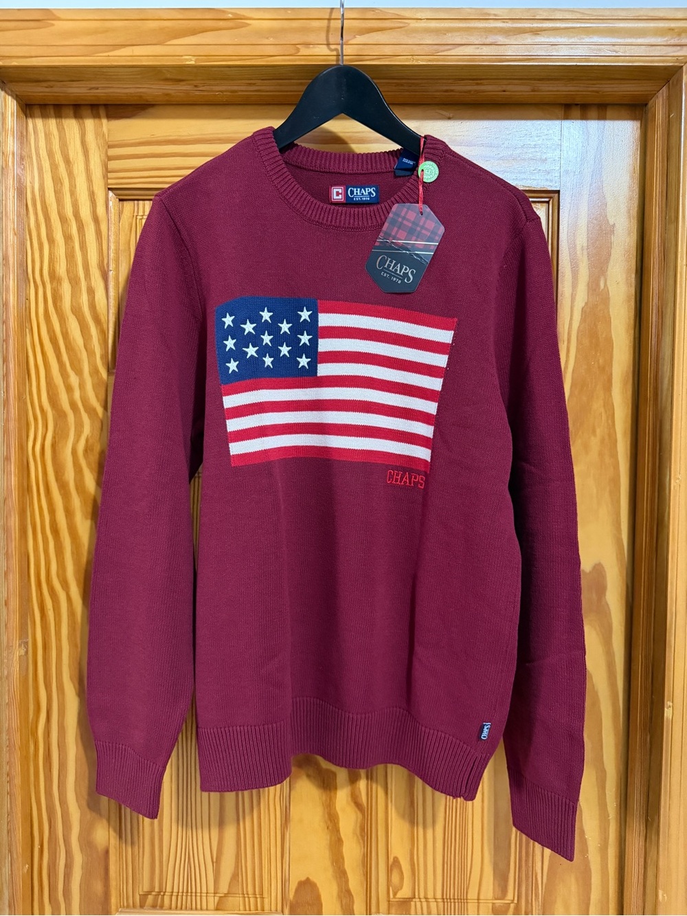 Chaps Men’s Burgundy Crewneck Sweater with Flag Motif